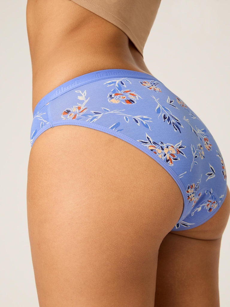 Detail of blue floral print on light-moderate classic bikini panties